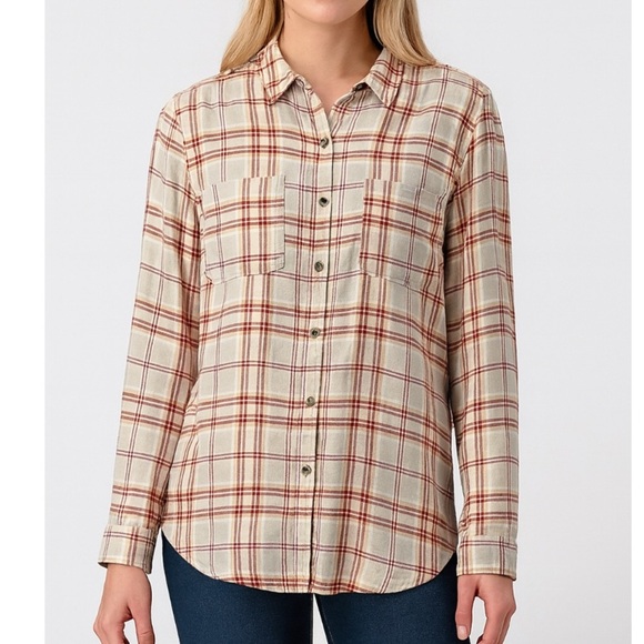 Dip brand tan and brown Fall earth tone colors plaid flannel button up SZ SM - Picture 1 of 6